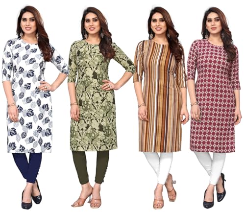 Image of JAKHANA Women's Crepe Printed Casual Straight Calf Length Round Nick Kurta Pack of 4