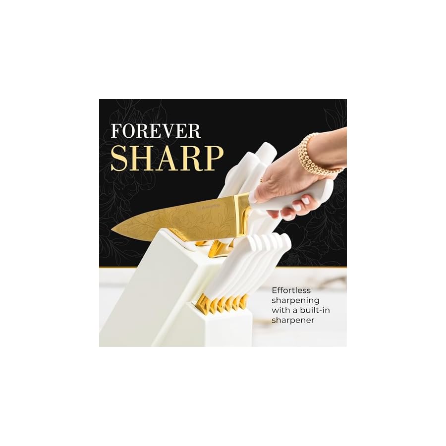 STYLED-SETTINGS-White-and-Gold-Knife-Set-with-Built-in-Sharpener--14-PC-Golden-Titanium-Coated-Stainless-Steel-Blades-with-Elegant-Floral-Pattern-Ultra-Sharp-Durable-Kitchen-Knife-Block-Set STYLED SETTINGS White and Gold Knife Set with Built-in Sharpener – 14 PC Golden Titanium-Coated Stainless Steel Blades with Elegant Floral Pattern, Ultra-Sharp, Durable Kitchen Knife Block Set