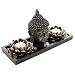 MyGift Buddha Head Sculpture Zen Garden Set w/Lotus Tealight Candle Holders & Wooden Display Tray, Black