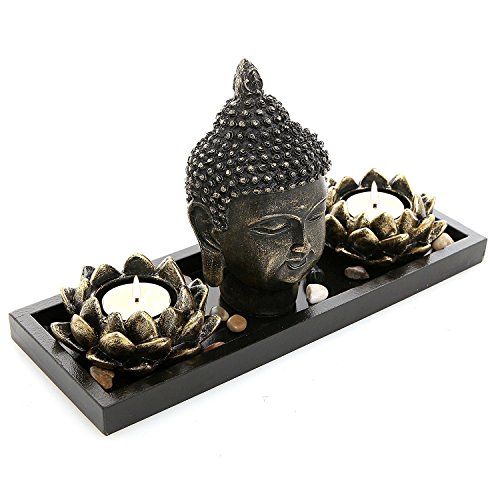 MyGift Black Buddha Head Sculpture Zen Garden Set with Lotus Tealight Candle Holders and Wooden Display Tray, Decorative Tabletop Home Accent