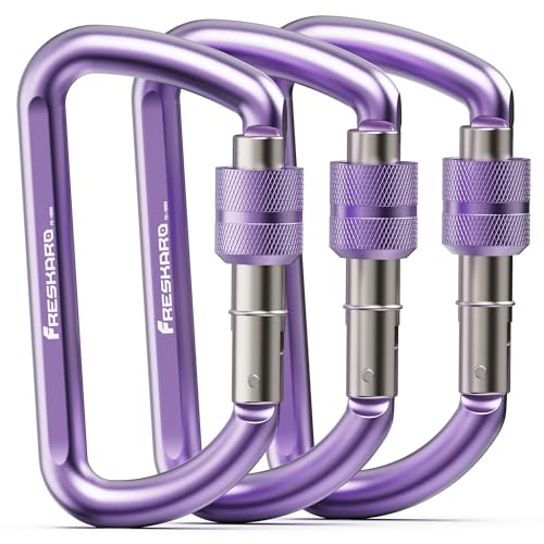 Image of FresKaro 3inches Screw Locking Carabiners, Strong Tensile Strength 12kN/2698lbs, Lightweight, Rust-Free, D Shape Wide Opening Gate, Sturdy and Last Long, Assorted Colors
