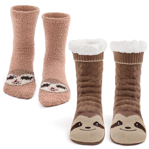 Image of Liitrsh 2 Pairs Fuzzy Slipper Socks with Grippers Animal Sock Sherpa Lining Warm Plush Animal Lover Gift for Valentine's Day