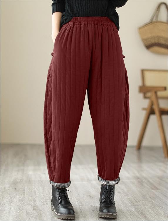WROLEM Women Winter Warm Down Cotton Pants Thicker Padded Quilted Pants Relaxed Fit Wide Leg Trousers with Pockets - Image 2