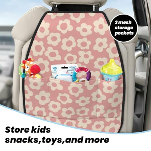 Image of Vintage Pink Flower Car Seat Back Kick Protectors,2 Pack Kick Mats with Storage Pockets for Vehicles to Protect from Dirt, Mud & Scratches