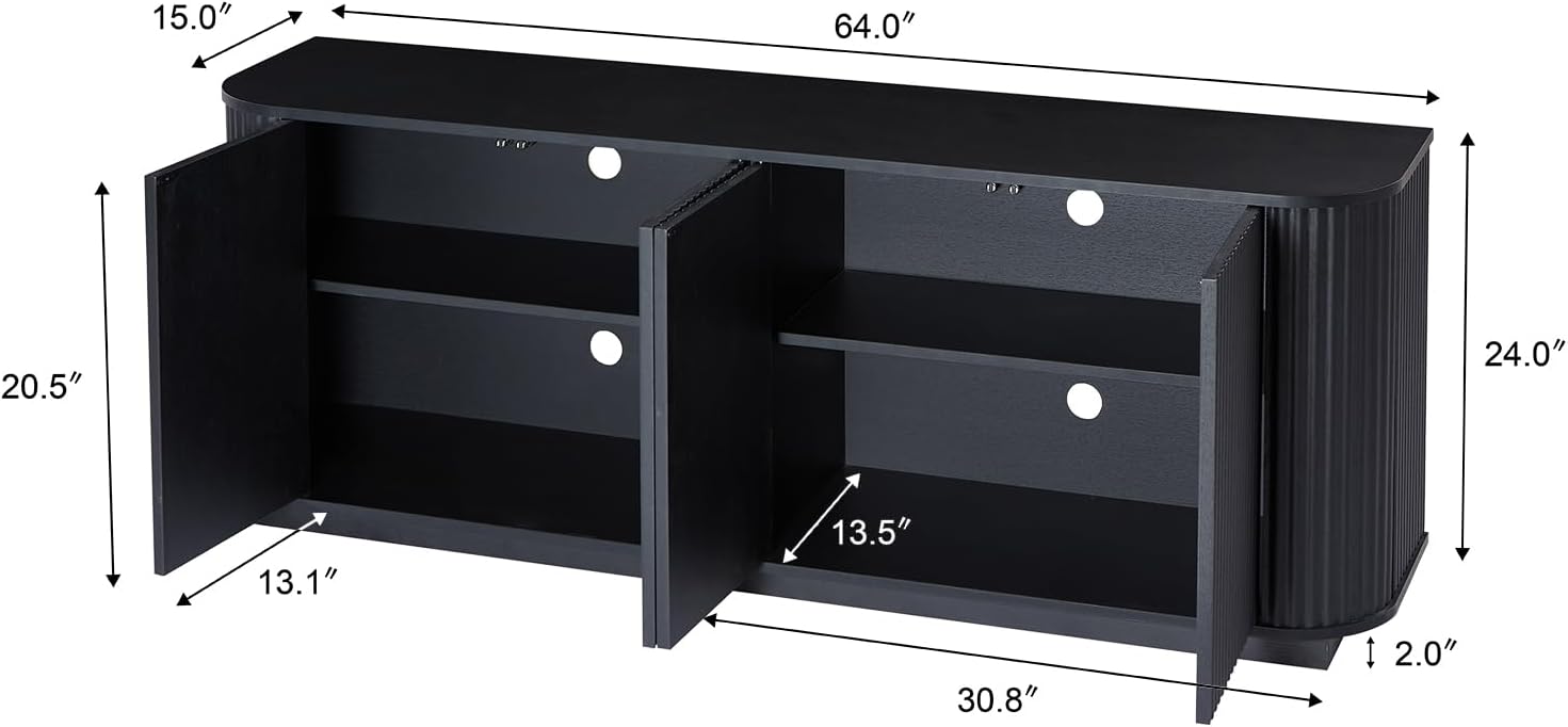 64" Sideboard Buffet Cabinet with Storage, Wooden Fluted Storage Cabinet Sideboard with Adjustable Shelves Pressed Spring for Kitchen Living Room (Black Gray)