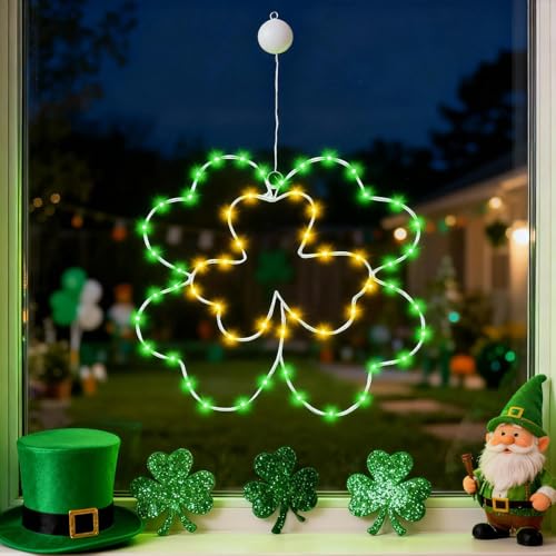 FUFRE Frühlingsdeko LED Fenster Lichter Frühling Deko Klee Fensterbeleuchtung mit Timer LED Fensterdeko Frühling Wasserdicht Lichterkette Hängende für St. Patricks Day Deko Osterdeko Fenster (B)