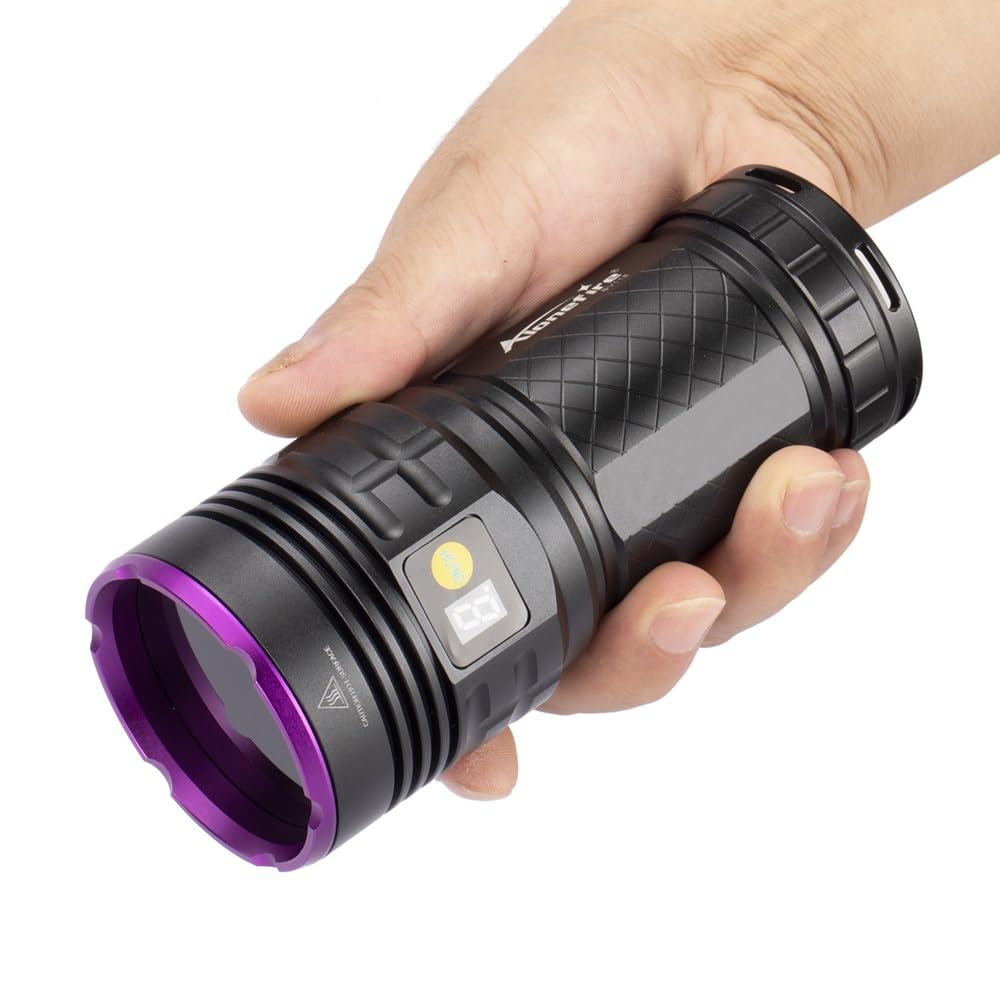 Alonefire SV118 365nm UV Taschenlampe 80W USB Aufladbar Digitale Anzeige Stark Schwarzlicht Haustierurin Detektor für Harz, Angeln, Skorpion, Bernstein, Mineralien mit UV Schutzbrille, Batterie