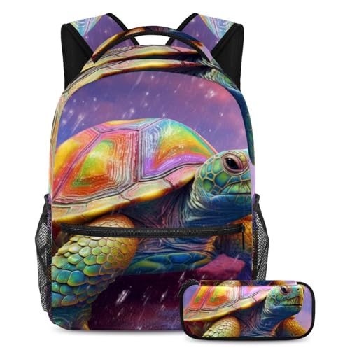 Cartable grande capacité tortue arc-en-ciel avec trousse assortie solide