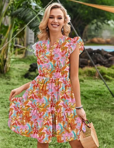 Image of HOTOUCH Women Printed Dress for Summer Short Ruffle Sleeve Dress Tiered Mini Dress with Pockets