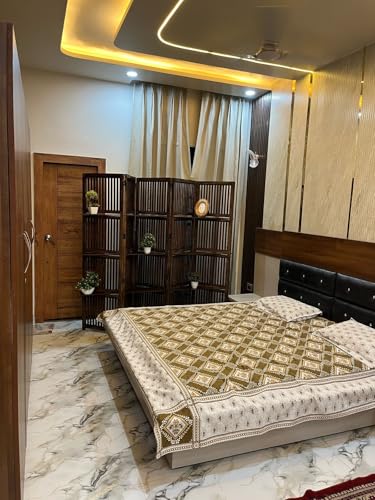 Image of Wooden Partition Divider for Living Room, Partition Wall, Privacy Divider, Freestanding Folding Panels for (6 Feet 5 Panel with 3 Shelve) (6 feet 5 Panel Dark Brown)