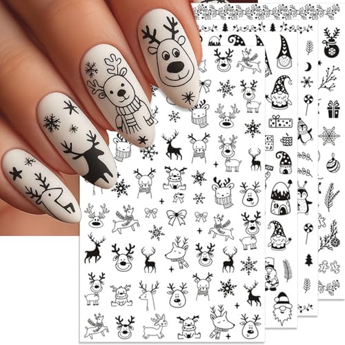 IDDFEVE Christmas Nail Stickers, Black Santa Snowflake Self-Adhesive Nail Art Decals for Women Girls DIY Winter Penguin Elk Deer Manicure (4 Sheets)