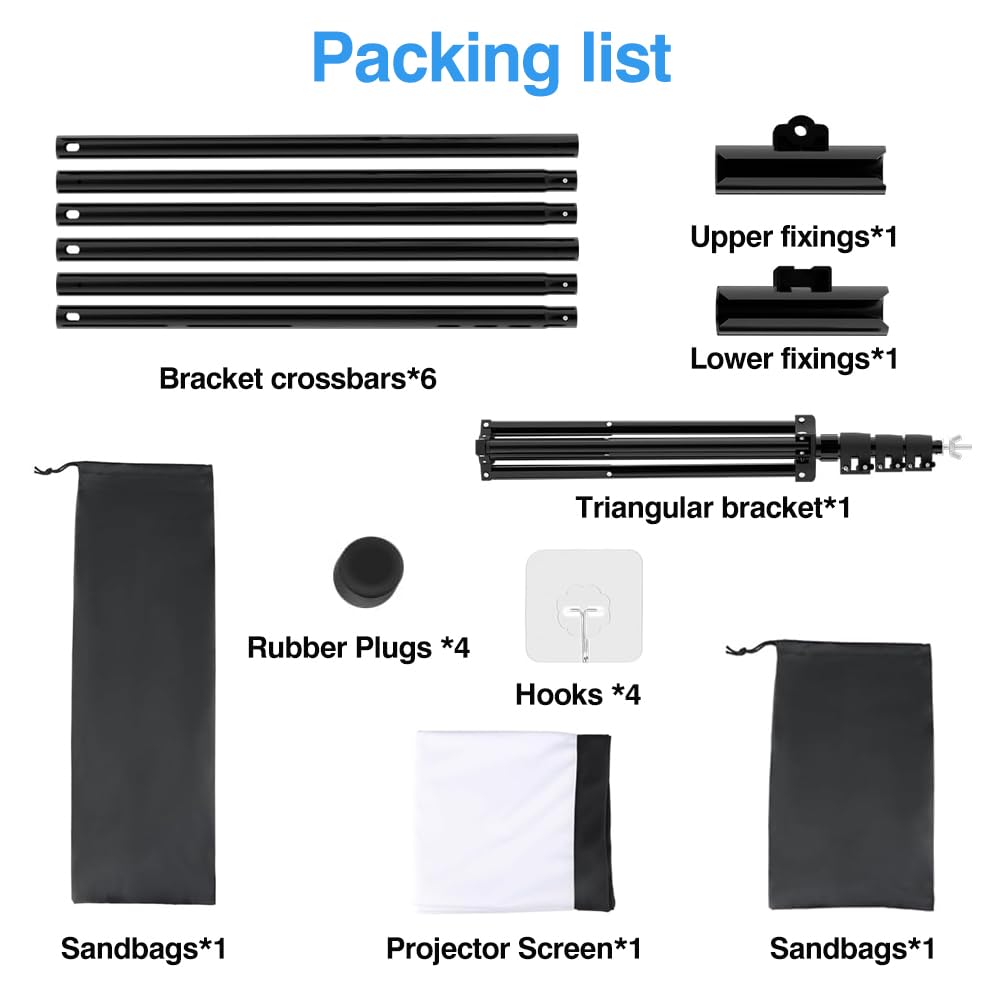Écran de projection avec trépied 100 pouces - Grand écran de projection - Portable - Avec sac de transport - Hauteur réglable - Intérieur HD 16:9 avant et arrière - Pour camping et home cinéma