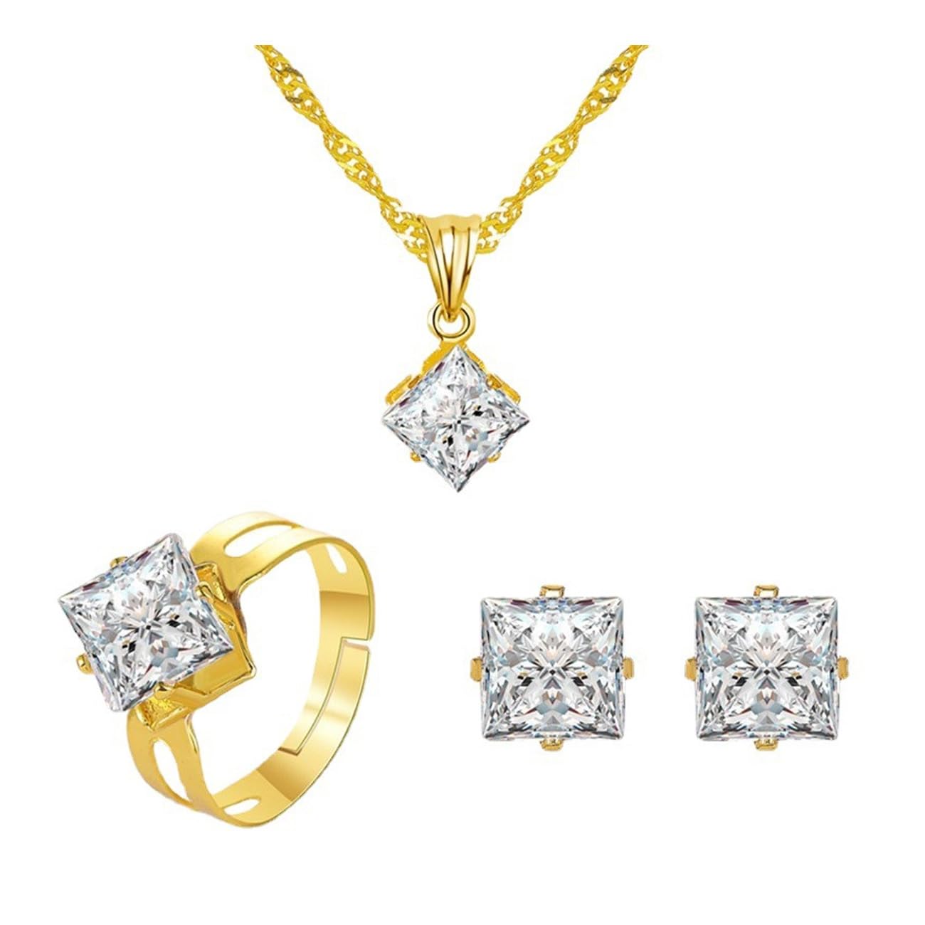 FDEETY Juego de Joyas de Boda Cristal Diamantes de Imitación Collar y Pendientes Anillo Joyas Novia Baile Graduación de Fiesta para Bodas Nupcial
