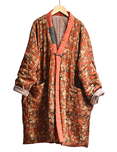 NFYM Women Vintage Print Floral Parkas Cotton Linen Hippie Coats Button V-Neck Warm Quilted Long Jackets2