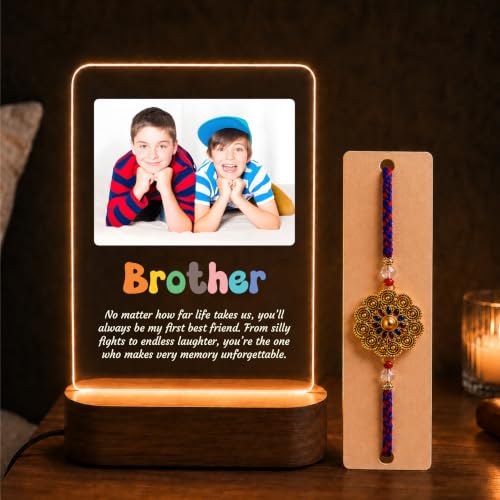 Image of Giftplease Personalized Night Light LED Photo Frame Rakhi Gift Set for Brother | Custom Acrylic Lamp with Designer Rakhi, Roli Chawal Pack & Wish Card | Special Rakshabandhan Combo for Big Bhaiya