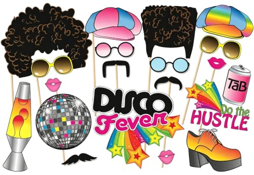 Medoore 70's Photo Booth Props, 1970s Disco Throwback Party Theme Photo Booth Props Decorations, 20 Pieces with Wooden Sticks for Hippie, Disco Fever, Woodstock Party