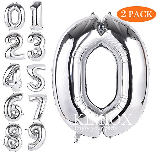 Number Balloons, 2 Pcs 40 Inch Birthday Number Balloon Party Decorations Supplies Helium Foil Mylar Digital Balloons (Silver Number 0)