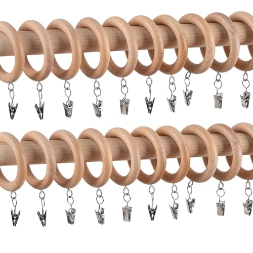 24 Pack Wooden Curtain Rod Rings Fit 1.1-1.6 Inch Rods 1.77 Inch Inner Diameter 2.76 Inch Outer Diameter Natural Beech Wood Drapery Rings for Window Curtain