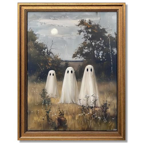 Wemandh Glod Framed Landscape Wall Art, Vintage Hallween Wall Decor, Cute Ghost Decor Wall Art, Halloween Aesthetic Canvas Art (9.5''x12'')