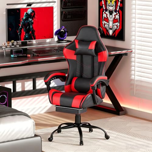 Image of Gaming Chair with Footrest, Ergonomic Video Game Chair with Headrest and Lumbar Support, 400 lbs Adult Chair, Height Adjustable 360 Swivel High Back Reclining Computer Chair for Home Office (Red)