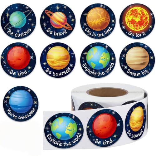 500PCS Space Planet Motivational Stickers Roll Positive Inspirational Quote 1 Inch Round Waterproof Vinyl Labels for Classroom Reward Scrapbooking Journal DIY Craft Water Bottle Laptop Kids Gift Decor