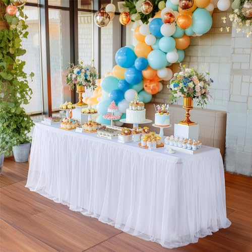 Little Funny White Table Cloths for 6 Foot Rectangle Tables, Stretch Ruffle Tulle Tablecloth Fitted Table Cover for 6 Foot Table White Tulle Table Skirt Rectangle Tables 6ft Party Wedding Table Cloth - Thumbnail 4