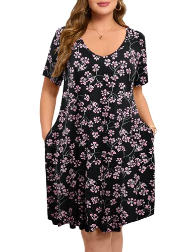 Image of ZENNILO Women's Plus Size Swing Dress with Pockets Casual Summer Dresses V Neck Short Sleeve T Shirt Dress for Women