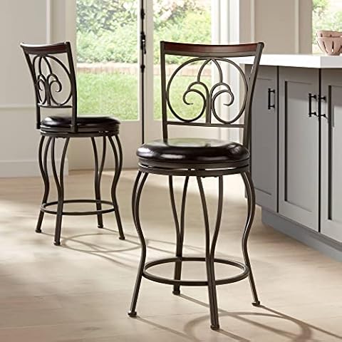 55 Downing Street Colton Glitter Brown Metal Swivel Bar Stools 24" High Set of 2 Traditional Faux Leather Upholstered Cushion with Backrest Footrest for Kitchen Counter Height Island Home Shed Cover