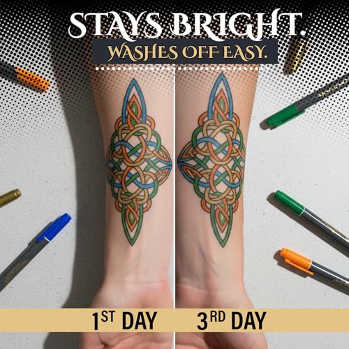 Tattoo Pen Kit for Skin – 10 Temporary Tattoo Markers with Dual Tips & 20 Stencils, Body-Safe Ink for Face, Hands & Arms – Fun Body Art Pens for Kids, Teens, Parties, Festivals & Costume Design