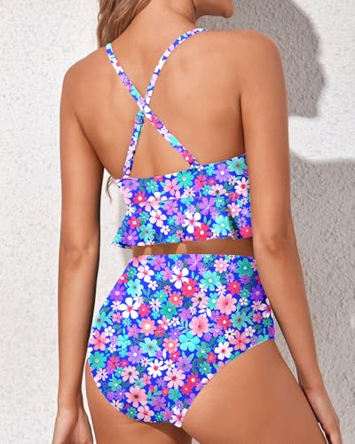 Image of Women Ruffle Bikini Set High Waisted Tummy Control Two Piece Swimsuits | Ruffle,High Waisted,Tummy Control,Removable Bra Pads,Adjustable Shoulder Straps,Full Coverage