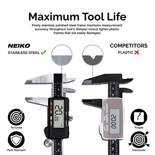 Neiko 01407A Electronic Digital Caliper Stainless Steel Body with Large LCD Screen | 0 - 6 Inches | Inch/Fractions/Millimeter Conversion,Silver/Black