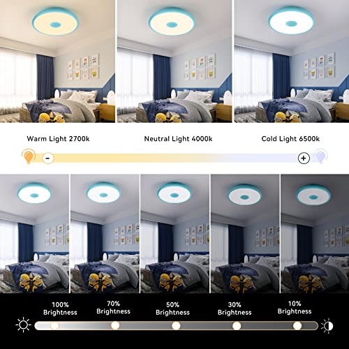 Asall Waterproof Ceiling Light Led Music Ceiling Lamp,With Bluetooth Speaker,11Inch 18W, 2700K-6500K Dimmable Rgb Color Changing Light With Remote Control,Suitable For Boys' Room (Sky Blue) #TOP4