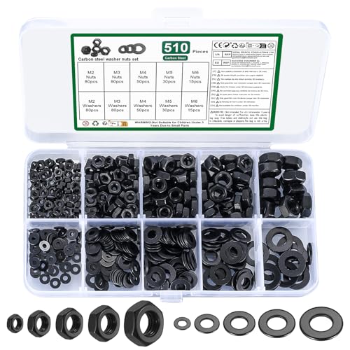 Juego de tuercas hexagonales M2 M3 M4 M5 M6 y arandelas planas: 255 tuercas autoblocantes + 255 arandelas de inserción, tuercas negras de bloqueo, tuercas hexagonales, arandelas de seguridad surtidas
