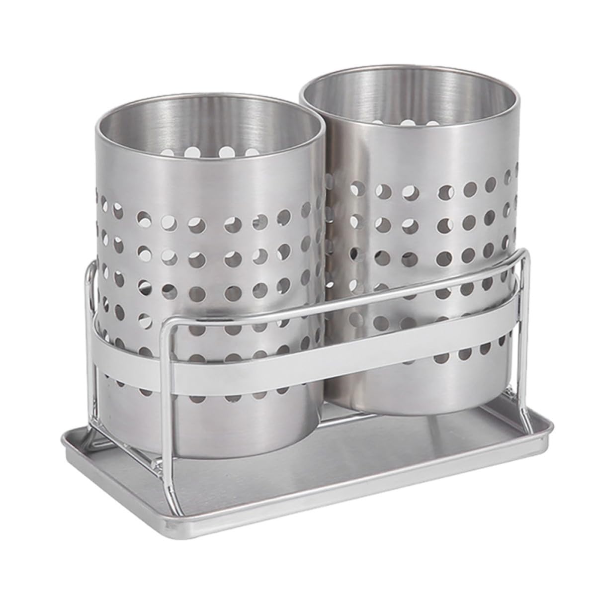 1juego Organizador de Cubiertos de Encimera de Acero Inoxidable con Doble Cilindro Extraíble y Drenaje para Utensilios y Palillos Soporte Práctico y Resistente para Cocina