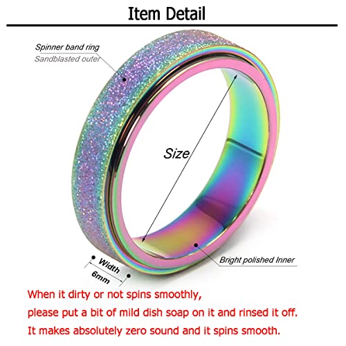 Titanium Stainless Steel Anxiety Ring for Women Men Fidget Spinner Ring, Size 6-12, Width 6MM, 5-Color: Rose Gold-Rainbow-Silver-Black-Blue2
