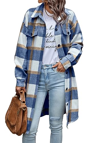 PRETTYGARDEN Womens Plaid Shacket Jacket Fall Fashion 2025 Long Sleeve Button Up Flannel Shirt Winter Clothing Woolen Coats