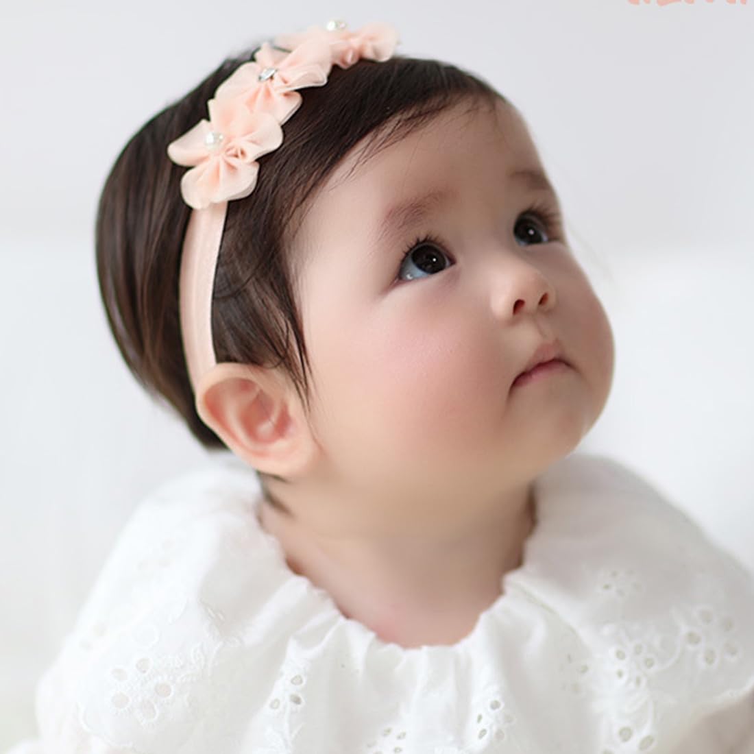 Fascia Capelli Neonata 2pz - Gros Grain Con Fiori, Bianco E Rosa - Foto 8