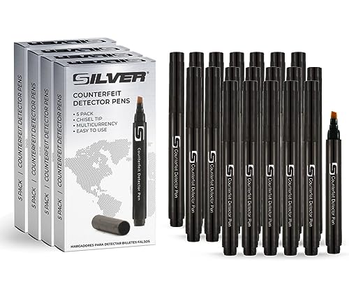 SILVER by AccuBANKER (20 Pack) Counterfeit Money Bill Detector Pen with Chisel Tip - Detects Fake Counterfeit Bills, Suitable for Most Currencies, Pocket Size Fake Money Marker & Checker