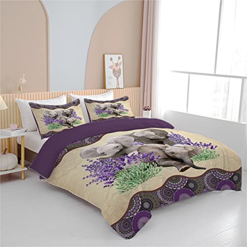 Bedmust Elephant Duvet Cover Set Twin Size, Lavender Wild Animal Elephant Comforter Cover Set, 3 Pieces Boho Purple Elephant Bedding Set With 2 Pillow Shams #TOP4