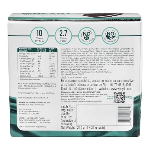 Image of Whey91 Cookies & Cream Protein Bar, 10g Protein & 2.7g Fiber in each, No Preservatives, No Artificial Flavours, 210g- (Pack of 6)