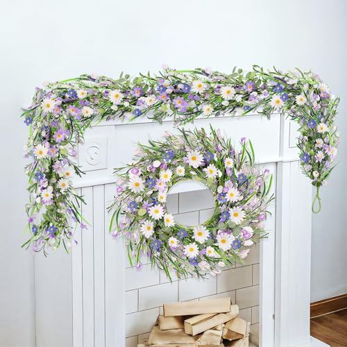 6.5FT Spring/Summer Daisy Garland with Flowers, Faux Daisy and Lavender Flower Garland Artificial with Floral Lanvender for Baby Shower Wedding Mantle Fireplace Table Centerpiece Decor