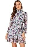 Allegra K Women's Floral Dress Chiffon Long Sleeve Mock Neck Ruffle Layered Smocked Mini Dresses X-Small Blue
