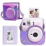 CAIYOULE Protective Camera Case for Instax Mini 12 Instant Camera Fuji Mini 12 Case PU Leather Carrying Bag with Adjustable Shoulder Strap & 64 Pockets Photo Album - Shiny Purple
