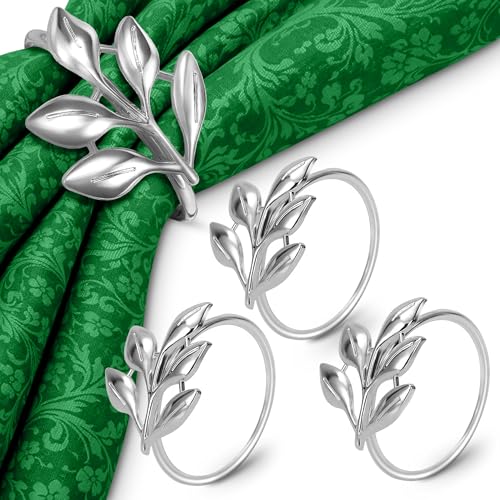 Image of Silver Napkin Rings Set of 20, Decorative Leaf Design Metal Holders | Elegant Accents for Weddings, Birthdays, or Special Occasions - Reusable Rings Dress Up Dinner, Buffet, and Holiday Tables