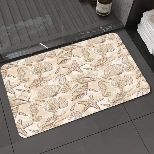 KDWJS Alfombra de Baño Antideslizante, Súper Absorbente Alfombras Ducha, Alfombrilla baño, Fácil de Limpiar,Imagen Vectorial de Conchas y Estrellas de mar Beige con patrón sin Costuras,40x60 cm