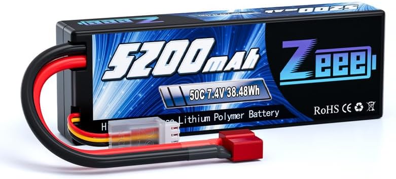 Zeee 2S 5200mAh Lipo Battery 7.4V 50C Hard Case with Deans T Plug for 1/8 1/10 RC Vehicles Car Truck RC Truggy RC Heli Airplane Drone