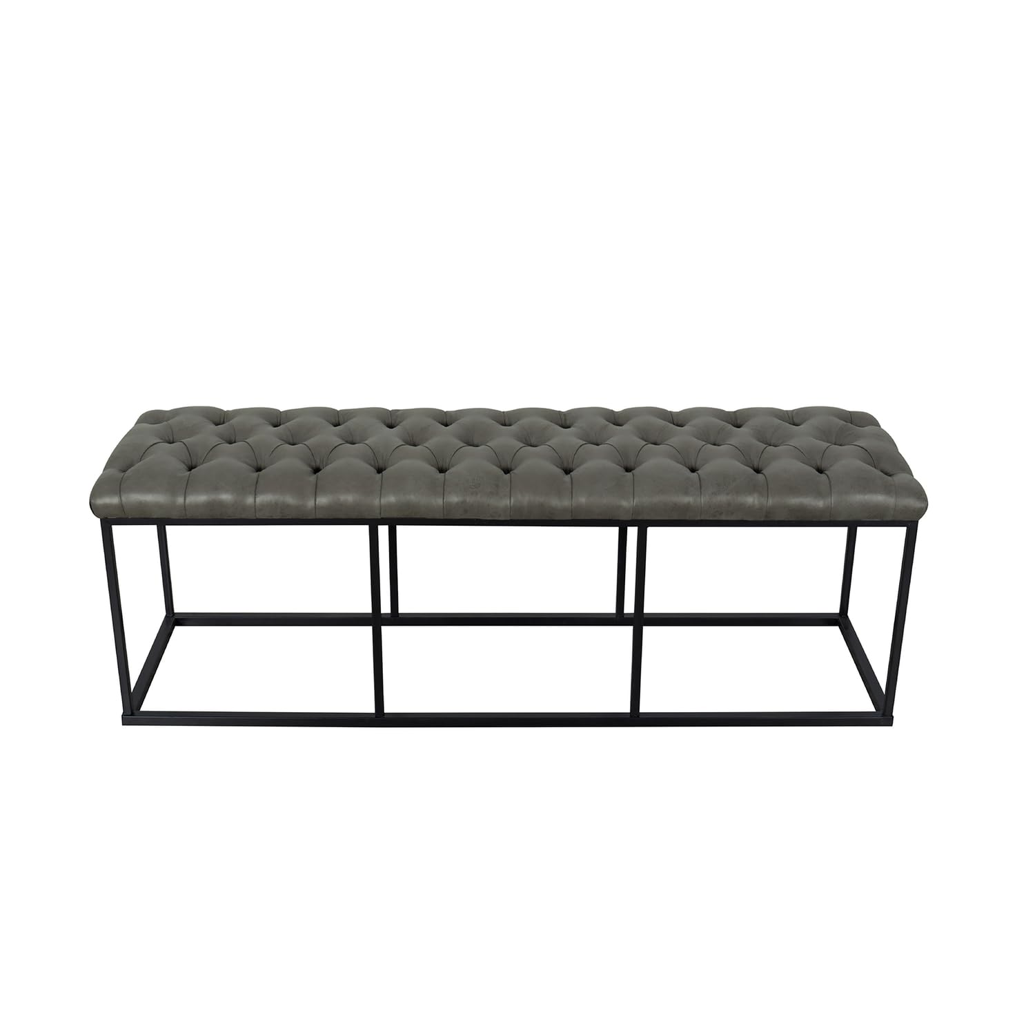 HomePop Upholstered Button Tufted Decorative Bench with Metal Base, Gray Faux Leather