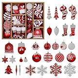 Alupssuc 85ct Christmas Balls Ornaments Set, Colorful Shatterproof Plastic Christmas Tree Ornaments, Xmas Decorative Baubles for Christmas Tree Decorations with Hanging Strings, Red & White