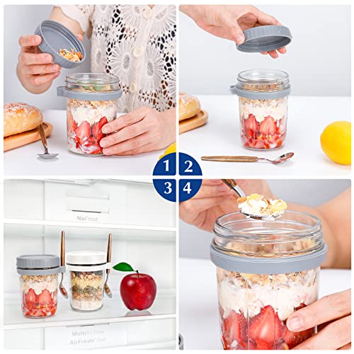 Overnight Oats Jars With Spoon And Lid 16 Oz [2 Pack], Airtight Oatmeal Container With Measurement Marks, Mason Jars With Lid For Cereal On The Go Container (Grey And White) #TOP4