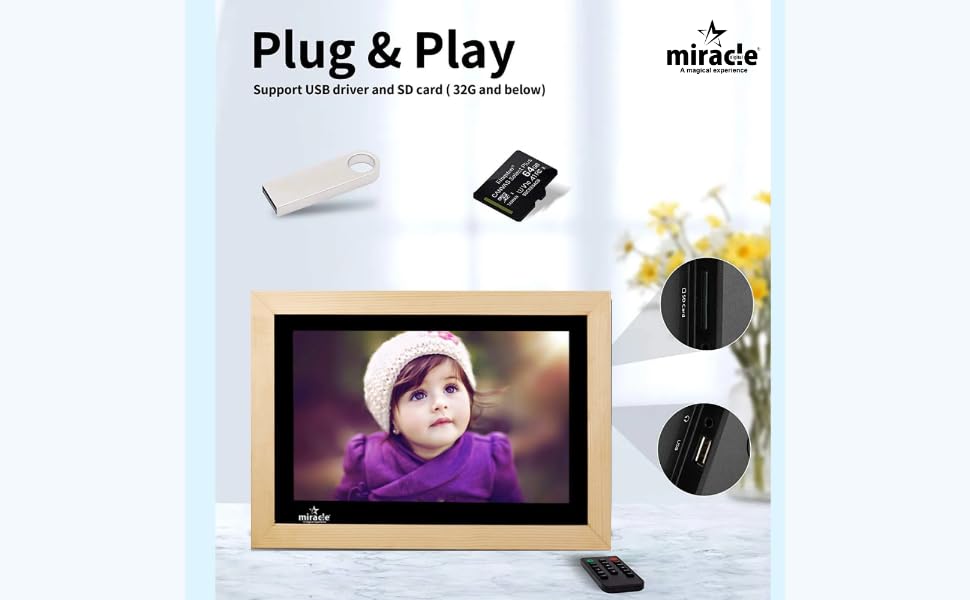 Image of Miracle Digital 17''HDMI Wooden Digital Photo Frame with Hi- Def Screen, USB Disk Card, Remote Photos Slide Show, Video Audio, Support SD Built in 8GB Memory & 2GB RAM(Light)